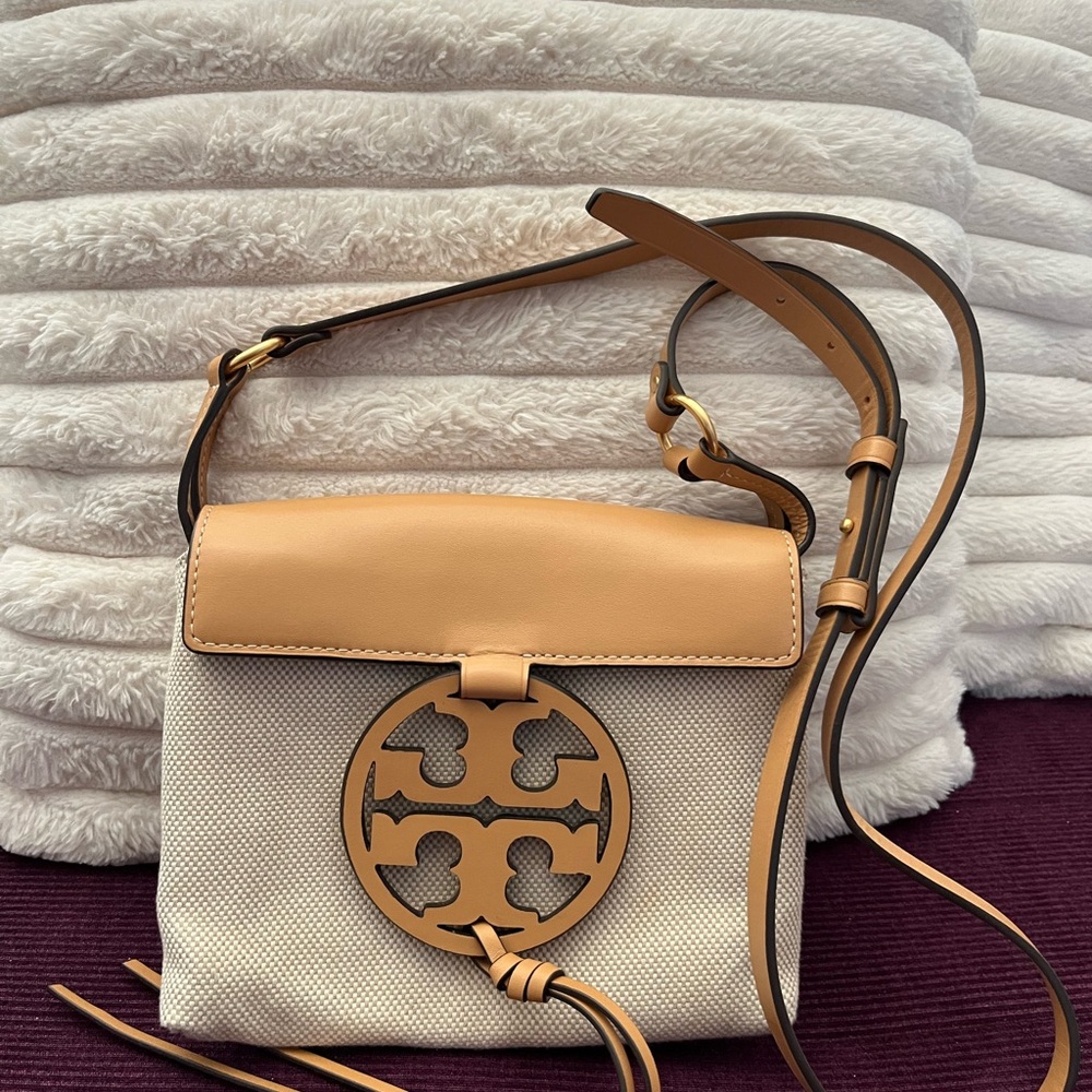 Tory Burch Tan and Cream Crossbody Bag with Gold Logo